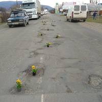 Квіти в ямах на шляхах. Так жителі прикрасили в’їзди до міста в честь візиту Порошенка на Закарпаття (ФОТО)